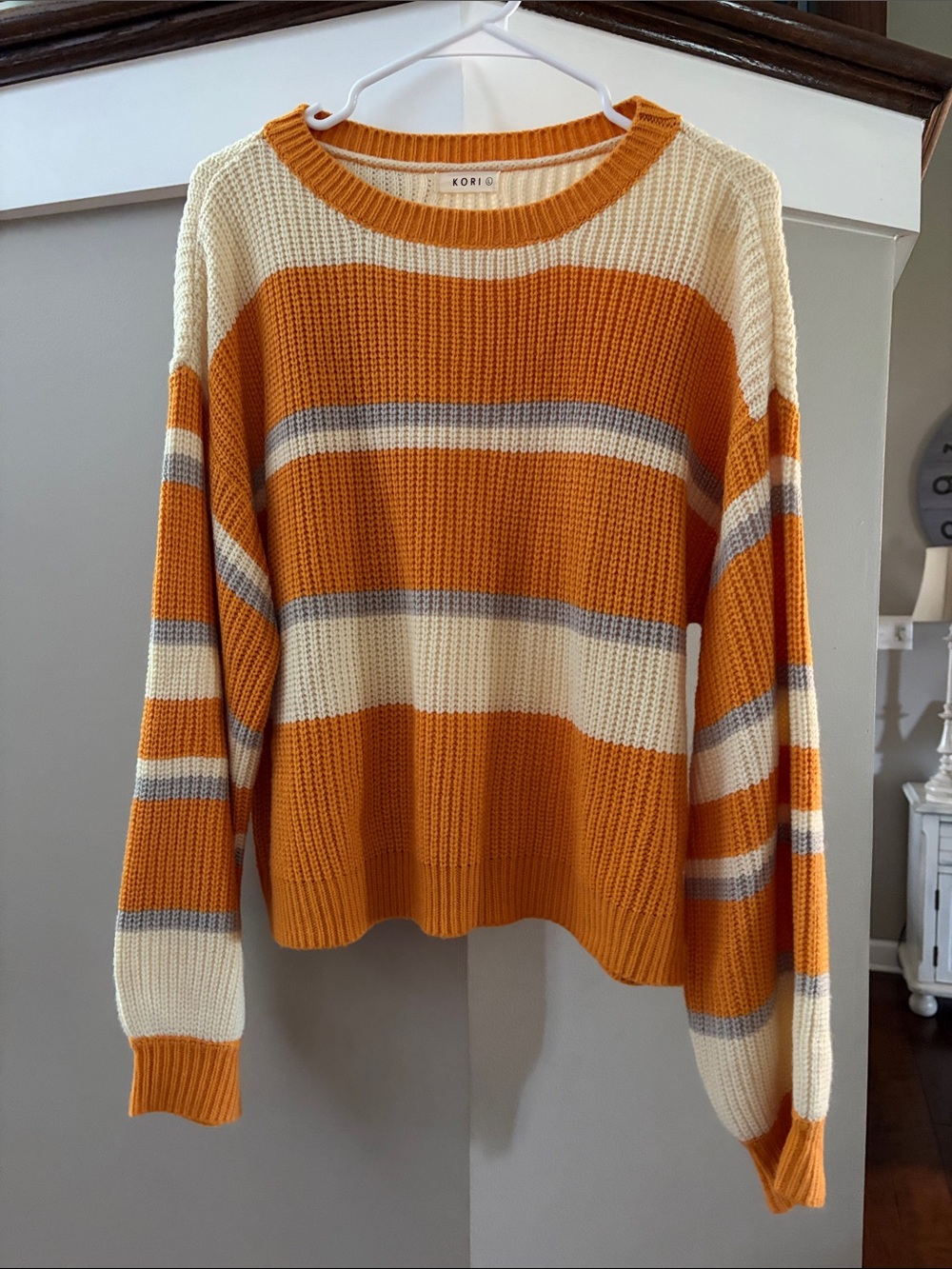 Kori Orange, Cream & Gray Striped Crewneck Sweater